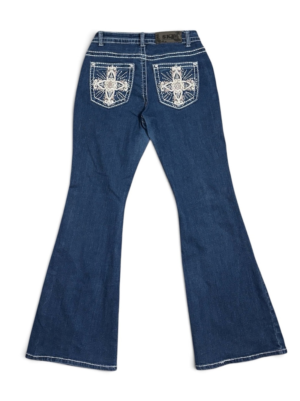 Sky Dark Blue Flare Jeans with Contrast Stitching Gems Bootcut Western Rodeo